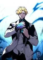 Rule 34 | 1boy, black jacket, black pants, blonde hair, demon devourer, elric melvinger, green eyes, hands up, jacket, long hair, looking at viewer, open clothes, open jacket, open mouth, pants, shirt, solo, white shirt