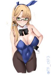 Rule 34 | 1girl, animal ears, bare shoulders, black pantyhose, blonde hair, blue leotard, bow, bowtie, breasts, cleavage, covered navel, cowboy shot, detached collar, fake animal ears, fake tail, green eyes, highres, kantai collection, large breasts, leotard, long hair, looking at viewer, northampton (kancolle), pantyhose, playboy bunny, rabbit ears, rabbit tail, smile, strapless, strapless leotard, tail, tf cafe, traditional bowtie, twitter username, upper body, white background, wrist cuffs