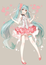 Rule 34 | 1girl, :d, absurdres, alternate costume, aqua eyes, aqua hair, bare arms, bare shoulders, blush, dress, frilled dress, frills, full body, grey background, hair between eyes, hairband, hatsune miku, highres, lolita hairband, long hair, looking at viewer, open mouth, red footwear, shoes, sleeveless, sleeveless dress, smile, solo, standing, standing on one leg, takanashie, very long hair, vocaloid