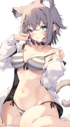 Rule 34 | 1girl, :q, absurdres, animal ear fluff, animal ears, bare shoulders, bikini, black choker, blue eyes, breasts, cat ears, cat girl, cat tail, choker, cleavage, closed mouth, collarbone, commission, extra ears, front-tie bikini top, front-tie top, grey hair, hands up, highres, jacket, jun (aousa0328), long sleeves, looking at viewer, medium breasts, navel, off shoulder, open clothes, open jacket, original, short hair, side-tie bikini bottom, simple background, sitting, skeb commission, skindentation, smile, solo, stomach, strap pull, swimsuit, tail, thighs, tongue, tongue out, white background, white jacket