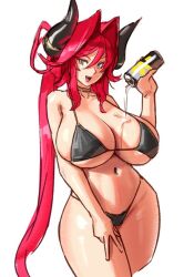 Rule 34 | 1girl, bare shoulders, beer can, bikini, black bikini, blue eyes, breasts, can, cleavage, collarbone, drink can, eu03, hair intakes, horns, huge breasts, long hair, looking at viewer, navel, open mouth, original, red hair, smile, solo, swimsuit, thighs, tsunoko, white background