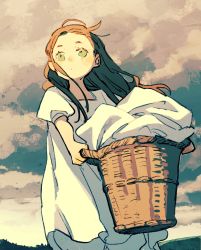 Rule 34 | 1girl, :|, ahoge, backlighting, basket, brown hair, child, closed mouth, cloud, cloudy sky, colored eyelashes, dress, facing viewer, feet out of frame, floating hair, green eyes, grey sky, hair behind ear, hands up, highres, holding, holding basket, laundry, laundry basket, long hair, long sleeves, looking away, looking to the side, looking up, mountainous horizon, muted color, original, outdoors, outstretched arms, overcast, pleated dress, puffy long sleeves, puffy sleeves, short eyebrows, sky, solo, standing, sunlight, twilight, white dress, zakka (d-o-t)