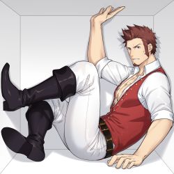 Rule 34 | 00047, 1boy, beard, blue eyes, boots, brown hair, commentary request, facial hair, fate/grand order, fate (series), long sideburns, looking at viewer, male focus, napoleon bonaparte (fate), open clothes, open shirt, pectoral cleavage, pectorals, scar, sideburns, simple background, sitting, solo, sweatdrop, teeth, thighs, trapped, uniform