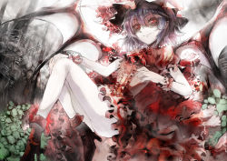 Rule 34 | 1girl, ass, asuka shirou, bat wings, boots, closed mouth, colored skin, female focus, hat, highres, light purple hair, looking at viewer, pale skin, red eyes, remilia scarlet, shadow, short hair, smile, solo, solo focus, touhou, white skin, wings