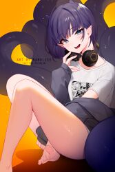 Rule 34 | 1girl, barefoot, blue eyes, blunt bangs, bob cut, feet, foot out of frame, gradient background, headphones, headphones around neck, highres, hololive, hololive english, jacket, knees together feet apart, knees up, legs, looking at viewer, nanoless, ninomae ina&#039;nis, ninomae ina&#039;nis (loungewear), open mouth, orange background, pointy ears, purple hair, purple jacket, shirt, short hair, short sleeves, sitting, smile, solo, t-shirt, teeth, tentacles, thighs, toenails, toes, upper teeth only, virtual youtuber, white shirt