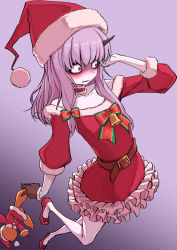 Rule 34 | 1girl, black gloves, blush, bow, christmas, dress, fate/grand order, fate (series), gloves, hat, horns, lavinia whateley (fate), long hair, nyantiu, open mouth, purple hair, red eyes, simple background, single horn, skirt, solo, stuffed toy