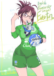 Rule 34 | 1girl, akizuki ritsuko, antenna hair, ball, barclays premier league, blush, breasts, brown eyes, brown hair, contrapposto, dated, everton fc, folded ponytail, glasses, glove in mouth, gloves, unworn gloves, goalkeeper, hair bun, highres, idolmaster, idolmaster (classic), inoue sora, looking at viewer, mouth hold, pinky out, semi-rimless eyewear, short hair, shorts, signature, single glove, single hair bun, smile, soccer, soccer ball, soccer uniform, solo, sportswear, standing, taut clothes, under-rim eyewear, updo