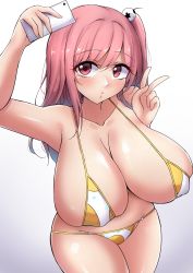 Rule 34 | 1girl, absurdres, bikini, breasts, cellphone, covered erect nipples, dead or alive, dead or alive xtreme, highres, honoka (doa), huge breasts, long hair, mistynight, phone, pink eyes, pink hair, swimsuit, v