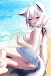 Rule 34 | 1girl, ahoge, animal ear fluff, animal ears, ass, beach, bikini, bikini skirt, black bow, blue bikini, blush, bow, braid, breasts, commentary request, day, earrings, extra ears, fang, fox ears, fox girl, fox tail, green eyes, hair between eyes, hair bow, highres, hololive, jewelry, long hair, looking at viewer, lying, medium breasts, ocean, on side, open mouth, outdoors, pentagram, shirai yu, shirakami fubuki, shirakami fubuki (beachside fox), sidelocks, single braid, skin fang, solo, swimsuit, tail, very long hair, virtual youtuber, white hair