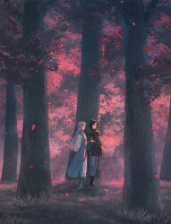 Rule 34 | 2boys, androgynous, arm behind back, black hair, braid, brown cloak, chinese clothes, cloak, commentary request, falling petals, forest, from side, full body, grey hair, leaf, long hair, looking at another, male focus, multiple boys, nature, on grass, original, petals, pink theme, ponytail, standing, toruglose, tree, walking