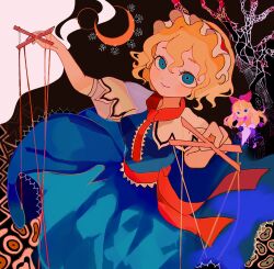 Rule 34 | 1girl, alice margatroid, black background, blonde hair, blue dress, blue eyes, collar, comkdom, crescent, dress, full moon, headdress, highres, looking at viewer, medium hair, moon, puppet, puppet strings, red collar, short sleeves, solo, touhou