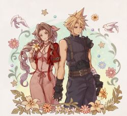 Rule 34 | 1boy, 1girl, aerith gainsborough, armor, artist name, bandaged arm, bandages, bangle, belt, bird, black gloves, blonde hair, blue flower, blue pants, blue shirt, bracelet, braid, braided ponytail, breasts, brown belt, brown hair, buttons, choker, cleavage, closed mouth, cloud strife, cowboy shot, cropped jacket, dove, dress, final fantasy, final fantasy vii, final fantasy vii remake, flower, flower choker, fujimaru (green sparrow), gloves, green eyes, hair between eyes, hair ribbon, highres, holding, holding flower, holding hands, interlocked fingers, jacket, jewelry, light blush, lily (flower), long dress, long hair, looking at viewer, looking to the side, medium breasts, multiple belts, pants, parted bangs, pink dress, pink flower, pink ribbon, red jacket, ribbon, shirt, short hair, short sleeves, shoulder armor, sidelocks, signature, single bare shoulder, single braid, single shoulder pad, sleeveless, sleeveless turtleneck, smile, spiked hair, star (symbol), suspenders, turtleneck, wavy hair, yellow flower