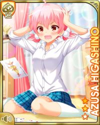 Rule 34 | 1girl, :o, bedroom, blue bow, blue skirt, bow, card, card (medium), character name, collar, day, girlfriend (kari), hands on own head, higashino azusa, joker (playing card), looking at viewer, official art, open mouth, pink eyes, pink hair, plaid, plaid skirt, playing card, qp:flapper, school uniform, shirt, skirt, solo, standing, tagme, twintails, upset, v-shaped eyebrows, white shirt
