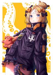 Rule 34 | 1girl, abigail williams (fate), abigail williams (traveling outfit) (fate), artist name, black bow, black jacket, blonde hair, blue eyes, blush, bow, commentary request, crossed bandaids, fate/grand order, fate (series), hair bow, hair bun, jacket, key, long hair, long sleeves, looking at viewer, hugging object, official alternate costume, orange background, orange bow, parted bangs, parted lips, polka dot, polka dot bow, saruei, single hair bun, sleeves past fingers, sleeves past wrists, solo, star (symbol), stuffed animal, stuffed toy, suction cups, teddy bear, tentacles