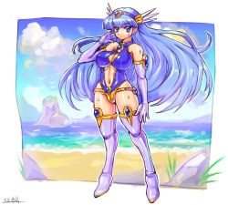 Rule 34 | 1girl, adapted costume, beach, blue eyes, blue hair, boots, breasts, cleavage, cleavage cutout, clothing cutout, commentary, elbow gloves, gem, gloves, headband, highres, large breasts, long hair, looking to the side, magic knight rayearth, navel, oomasa teikoku, ryuuzaki umi, solo, stomach cutout, swimsuit, thigh boots, thighhighs