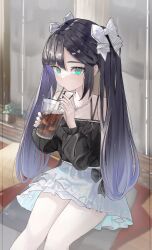 Rule 34 | 1girl, absurdres, achib, alternate costume, aqua eyes, bare shoulders, black nails, black shirt, bow, casual, commentary, cup, disposable cup, drinking, drinking straw, drinking straw in mouth, feet out of frame, genshin impact, hair bow, highres, holding, holding cup, ice, jewelry, long hair, long sleeves, looking at viewer, mona (genshin impact), necklace, off-shoulder shirt, off shoulder, pearl necklace, plant, potted plant, purple hair, shirt, sitting, skirt, solo, twintails, very long hair, wariza, white bow, white skirt