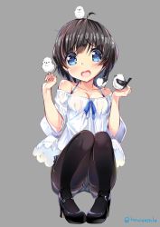 Rule 34 | 1girl, ahoge, bare shoulders, bird, bird on hand, black hair, black pantyhose, blouse, blue eyes, blush, breasts, cameltoe, cleavage, collarbone, full body, grey background, high heels, kurozu, pantyhose under shorts, long-tailed tit, open mouth, original, pantyhose, shirt, short hair, short shorts, shorts, simple background, small breasts, solo, squatting, tit (bird), twitter username, white shirt