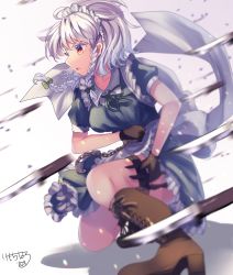 Rule 34 | 1girl, apron, black gloves, blue dress, boots, bow, braid, breasts, brown footwear, chain, collarbone, commentary request, cross-laced footwear, dress, frilled apron, frills, gloves, gradient background, green bow, green ribbon, grey background, highres, holster, izayoi sakuya, kemo chiharu, knife, lace-up boots, light particles, maid, maid apron, maid headdress, medium breasts, neck ribbon, on one knee, open mouth, petticoat, puffy short sleeves, puffy sleeves, red eyes, ribbon, shadow, short dress, short hair, short sleeves, signature, silver hair, solo, thigh holster, touhou, twin braids, v-shaped eyebrows, waist apron, white apron, white background