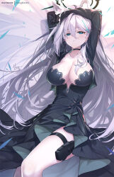 Rule 34 | 1girl, aged up, animal ear fluff, animal ears, arms up, black dress, blue archive, blue eyes, breasts, broken halo, cleavage, collarbone, cross hair ornament, dress, extra ears, grey hair, hair ornament, halo, hong (white spider), large breasts, long hair, long sleeves, looking at viewer, shiroko (blue archive), shiroko terror (blue archive), solo, thighs, wolf ears