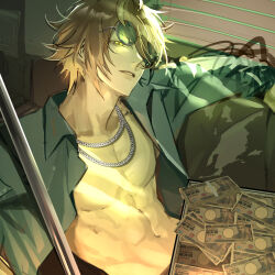 Rule 34 | 1boy, abs, arm rest, banknote, brown hair, chain, chain necklace, collared shirt, couch, eyewear on head, from argonavis, from side, green eyes, green shirt, hayasaka kouhei, head tilt, highres, jewelry, leaning back, light rays, looking at viewer, male focus, money, necklace, on couch, open clothes, open shirt, pectorals, rebar, shirt, single sidelock, smirk, solo, sunglasses, sunlight, swept bangs, upper body, wago, window blinds