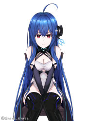 Rule 34 | absurdres, ayana ayase, azur lane, bare shoulders, between legs, black gloves, blue hair, boots, breasts, breasts squeezed together, cleavage, cleavage cutout, clothing cutout, commentary request, dress, elbow gloves, gloves, groin, hair between eyes, hand between legs, headgear, helena (meta) (azur lane), highres, hip focus, knees together feet apart, long hair, looking at viewer, medium breasts, no panties, on chair, own hands together, red eyes, short dress, signature, sitting, sleeveless, sleeveless dress, smile, thigh boots, underboob cutout, upskirt, v arms, very long hair, white dress