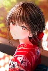 Rule 34 | 1girl, blurry, blurry background, blush, brown hair, collared shirt, hair ornament, highres, light rays, looking at viewer, looking back, ojay tkym, original, print shirt, red eyes, red shirt, shadow, shirt, short hair, signature, smile, solo, sunlight, tree, upper body