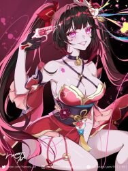 Rule 34 | 1girl, bare shoulders, bell, black choker, black hair, black sash, breasts, chest tattoo, choker, cleavage, commentary, criss-cross halter, detached sleeves, facial mark, grin, gun, halterneck, hamonji, handgun, highres, holding, holding gun, holding weapon, honkai: star rail, honkai (series), jingle bell, large breasts, long hair, looking at viewer, neck bell, o-ring, obi, pink eyes, revolver, sash, short sleeves, sitting, smile, solo, sparkle (honkai: star rail), tattoo, thighs, twintails, very long hair, weapon