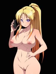 Rule 34 | 00s, 1girl, bible black, black background, blonde hair, blush, breasts, cellphone, cleft of venus, female focus, hand on own hip, hand up, high ponytail, highres, holding, holding phone, large breasts, long hair, looking at viewer, navel, nightmare express, nipples, nude, phone, ponytail, purple eyes, pussy, saeki kaori, sidelocks, simple background, smartphone, solo, third-party edit, uncensored