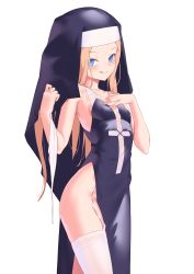 Rule 34 | 1girl, abigail williams (fate), bare shoulders, black dress, blonde hair, blue eyes, blush, breasts, collarbone, dress, fate/grand order, fate (series), garter straps, habit, highres, jilu, licking lips, long hair, looking at viewer, nun, parted bangs, side slit, simple background, small breasts, smile, solo, thighhighs, thighs, tongue, tongue out, white background, white thighhighs