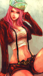Rule 34 | 1girl, bad id, bad pixiv id, breasts, cleavage, hand in own hair, hat, jacket, jewelry bonney, large breasts, lipstick, long hair, long sleeves, makeup, midriff, navel, one piece, open clothes, open jacket, piercing, pink hair, purple eyes, short shorts, shorts, sitting, solo, suspenders, tsuyomaru