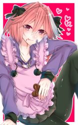 Rule 34 | 1boy, apron, astolfo (fate), astolfo (memories at trifas) (fate), bad id, bad pixiv id, braid, chocolate, chocolate on face, collarbone, crossdressing, fate/apocrypha, fate/grand order, fate (series), food, food on face, hair ribbon, hood, hoodie, jewelry, licking lips, male focus, multicolored hair, necklace, official alternate costume, pantyhose, pink hair, ribbon, shisei (kyuushoku banchou), silver hair, skirt, solo, tongue, tongue out, trap