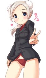 Rule 34 | 1girl, a9b (louis814), animal ears, blonde hair, blouse, blue eyes, breast pocket, dog ears, heart, looking at viewer, martina crespi, military, military uniform, no pants, panties, pocket, ponytail, red panties, red shirt, shirt, smile, solo, strike witches, thighs, underwear, uniform, v, world witches series