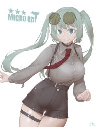 Rule 34 | 1girl, absurdres, aqua eyes, aqua hair, aronman, bad id, bad pixiv id, breasts, button gap, collar, collared shirt, commentary, cowboy shot, english commentary, eyewear on head, girls&#039; frontline, grey shirt, grin, hair ornament, hairclip, highres, korean commentary, large breasts, logo, long sleeves, micro uzi (girls&#039; frontline), open mouth, red neckwear, shirt, shorts, smile, sunglasses, suspenders, thigh gap, thigh strap, thighs, title, twintails, white background
