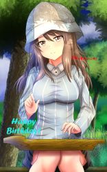 Rule 34 | 1girl, blue hat, blue shirt, brown eyes, brown hair, closed mouth, commentary, dappled sunlight, day, dress shirt, english text, girls und panzer, grey skirt, happy birthday, hat, highres, holding, holding instrument, instrument, kantele, keizoku school uniform, long hair, long sleeves, looking at viewer, mika (girls und panzer), miniskirt, music, outdoors, playing instrument, pleated skirt, redbaron, school uniform, shirt, sitting, skirt, smile, solo, striped clothes, striped shirt, sunlight, tree, tulip hat, twitter username, vertical-striped clothes, vertical-striped shirt, white shirt, wing collar