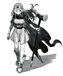 Rule 34 | 1girl, belt, boots, breasts, circlet, cleavage, cloak, closed mouth, dragon quest, dragon quest iii, dress, elbow gloves, floating cape, floating hair, full body, gloves, greyscale, hair between eyes, highres, holding, holding staff, jun (navigavi), large breasts, long hair, monochrome, sage (dq3), short dress, solo, staff, standing, strapless, strapless dress, white background