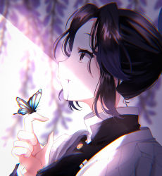 Rule 34 | 1girl, bad id, bad pixiv id, black hair, black jacket, blood, blood from mouth, blurry, blurry background, brown eyes, bug, butterfly, butterfly on hand, flower, from side, hair tubes, haori, highres, insect, jacket, japanese clothes, kimetsu no yaiba, kochou shinobu, long sleeves, looking up, mahiru yura, portrait, profile, short hair, sidelocks, solo, wisteria