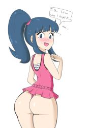 Rule 34 | 1girl, alternate hairstyle, ass, bare legs, blue eyes, blue hair, creatures (company), dawn (pokemon), embarrassed, english text, game freak, high ponytail, highleg, highleg swimsuit, highres, huge ass, long hair, looking at viewer, looking back, nintendo, one-piece swimsuit, open mouth, pink one-piece swimsuit, pokemon, pokemon: arceus and the jewel of life, pokemon (anime), pokemon dppt (anime), ponytail, protoscene, shiny skin, skindentation, sleeveless, smile, solo, swimsuit, wide hips