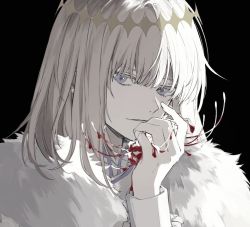 Rule 34 | 1boy, black background, blue eyes, cape, crown, diamond hairband, fate/grand order, fate (series), flower, fur collar, holding, holding flower, long sleeves, male focus, medium hair, no wings, nozz177, oberon (fate), official alternate costume, simple background, solo, spider lily, upper body, white cape, white fur, white hair