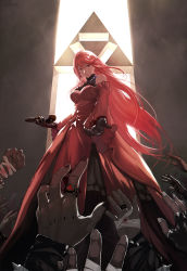 Rule 34 | 1girl, absurdres, bandages, blood, dress, fingerless gloves, gloves, gun, handgun, highres, jewelry, long hair, outstretched hand, pink hair, pistol, pixiv fantasia, pixiv fantasia t, realmbw, red queen (pixiv fantasia), ring, solo focus, weapon, zombie