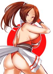 Rule 34 | 1girl, absurdres, ass, breasts, brown eyes, brown hair, fatal fury, from behind, highres, huge ass, large breasts, looking back, naughty face, ponytail, shiranui mai, solo, wide hips