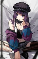 Rule 34 | 1girl, asymmetrical bangs, asymmetrical footwear, asymmetrical legwear, baseball cap, black hat, black mask, blunt bangs, blurry, blurry foreground, breasts, cable, chain, chain necklace, cleavage, crop top, diagonal bangs, fishnet legwear, fishnets, hat, highres, idolmaster, idolmaster shiny colors, indian style, jacket, jewelry, long hair, long sleeves, looking away, mask pull, midriff, miniskirt, navel, necklace, off shoulder, open clothes, open jacket, purple eyes, purple hair, purple jacket, sitting, skirt, solo, tanaka mamimi, uneven legwear, zhili xingzou