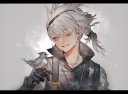 Rule 34 | 1boy, bird, bird on hand, black gloves, coat, commentary request, copyright name, eyelashes, gloves, grey background, grey coat, grey eyes, highres, letterboxed, male focus, moony (mogmogmelt), nier, nier (brother), nier (series), one eye closed, ponytail, smile, solo, teeth, white hair