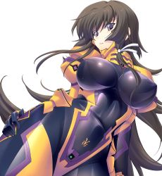 Rule 34 | 1girl, black bodysuit, bodysuit, breasts, brown hair, covered navel, dutch angle, fortified suit, hair ribbon, hand on own thigh, highres, impossible bodysuit, impossible clothes, large breasts, lips, long hair, looking at viewer, lying, miyata sou, muv-luv, muv-luv alternative, muv-luv total eclipse, official art, on side, parted lips, pilot suit, purple eyes, ribbon, shiny clothes, skin tight, solo, takamura yui, teeth, transparent background, very long hair