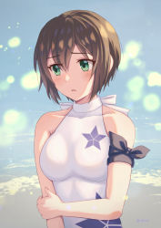 Rule 34 | 1girl, armband, beach, blue background, blush, brown hair, green eyes, hands on own arms, highres, one-piece swimsuit, open mouth, ribbon trim, signature, sky, solo, souka (tensei shitara slime datta ken), standing, star (symbol), swimsuit, tensei shitara slime datta ken, white one-piece swimsuit, yusshii
