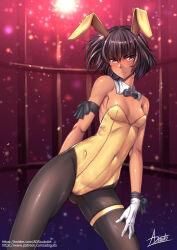 Rule 34 | 1girl, adsouto, animal ears, bare shoulders, black bow, black bowtie, black pantyhose, bow, bowtie, breasts, brown hair, cleavage, closed mouth, covered navel, dark-skinned female, dark skin, detached collar, floating hair, frown, gloves, hair between eyes, highres, leotard, looking at viewer, mizuki yukikaze, mizuki yukikaze (future), pantyhose, rabbit ears, red eyes, short hair, signature, small breasts, solo, strapless, strapless leotard, taimanin (series), taimanin rpgx, taimanin yukikaze, thigh strap, watermark, web address, white gloves, wing collar, yellow leotard