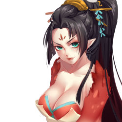 1girl black_hair blue_eyes breasts cleavage facial_mark female_focus fenghuang_huo flower forehead_mark hair_flower hair_ornament hair_stick large_breasts long_hair looking_at_viewer o-yatsu onmyoji parted_bangs pointy_ears smirk solo upper_body