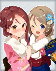 Rule 34 | 2girls, ;d, alternate hairstyle, bad id, bad pixiv id, blue eyes, blue flower, blue kimono, blush, braid, brown eyes, brown hair, clenched hand, flower, french braid, fur-trimmed kimono, fur trim, grey hair, hair flower, hair ornament, hair up, hairpin, hand up, highres, japanese clothes, kanzashi, kimono, long sleeves, looking at viewer, love live!, love live! sunshine!!, multiple girls, obi, one eye closed, open mouth, outline, pink flower, pink kimono, red hair, sakurauchi riko, sash, selfie, short hair, smile, uni mmtab, watanabe you, white outline, wide sleeves, yellow eyes, yellow flower