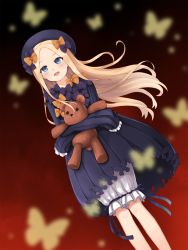 Rule 34 | 1girl, :d, abigail williams (fate), black bow, black dress, black hat, blonde hair, bloomers, blue eyes, blurry, blurry foreground, blush, bow, bug, butterfly, chana dal, commentary request, depth of field, dress, dutch angle, fate/grand order, fate (series), hair bow, hat, highres, hugging object, insect, long hair, long sleeves, looking away, open mouth, orange bow, parted bangs, polka dot, polka dot bow, red background, sleeves past fingers, sleeves past wrists, smile, solo, stuffed animal, stuffed toy, teddy bear, underwear, very long hair, white bloomers