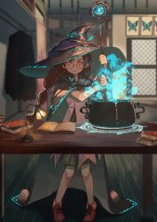 Rule 34 | 1girl, :&lt;, black hair, black hat, book, cauldron, desk lamp, glasses, hat, highres, holding, holding staff, indoors, lamp, long hair, looking away, open book, original, red eyes, staff, table, ukimesato, witch hat, wooden floor