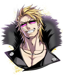 Rule 34 | 1boy, blonde hair, cigarette, cropped shoulders, fate/grand order, fate (series), feather boa, head tilt, pectoral cleavage, male focus, muscular, muscular male, pectorals, sakata kintoki (fate), sakata kintoki (rider) (fate), short hair, smirk, solo, spiked hair, sunglasses, white background, zanshi